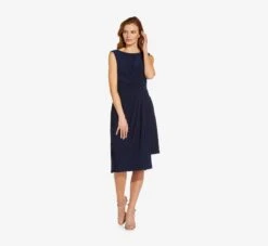 Adrianna Papell Asymmetrical Draped Midi Dress In Midnight -Allure Attire AP1D104475 AB411 Regular Side