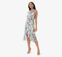 Adrianna Papell Printed Floral Midi Dress In Ivory Coral Multi -Allure Attire AP1D104493 AE194 Regular Side