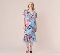 Adrianna Papell Plus Size Floral Faux Wrap Dress In Blue Multi