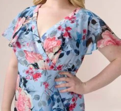 Adrianna Papell Plus Size Floral Faux Wrap Dress In Blue Multi -Allure Attire AP1D104503 AA461 Plus Detail