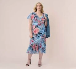 Adrianna Papell Plus Size Floral Faux Wrap Dress In Blue Multi -Allure Attire AP1D104503 AA461 Plus Jacket