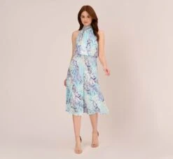 Adrianna Papell Floral Mock Neck Midi Dress In Light Blue Multi