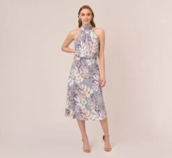 Adrianna Papell Floral Mock Neck Midi Dress In Dusty Blue Multi
