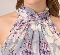 Adrianna Papell Floral Mock Neck Midi Dress In Dusty Blue Multi -Allure Attire AP1D104505 CJ980 Regular Detail