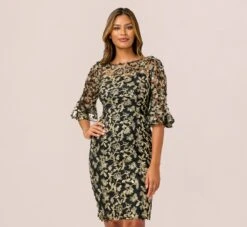 Adrianna Papell Metallic Embroidered Sheath Dress In Black Gold -Allure Attire AP1D104511 AA967 Regular Default