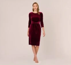 Adrianna Papell Velvet Tie Front Midi Dress With Three Quarter Sleeves In Burgundy -Allure Attire AP1D104591 AC506 Regular Front