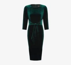 Adrianna Papell Velvet Tie Front Midi Dress With Three Quarter Sleeves In Hunter -Allure Attire AP1D104591 AE303 Regular Flat