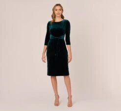Adrianna Papell Velvet Tie Front Midi Dress With Three Quarter Sleeves In Hunter -Allure Attire AP1D104591 AE303 Regular Front