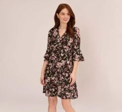 Adrianna Papell Floral-Print Fit-And-Flare Chiffon Short Dress In Black Multi