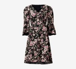 Adrianna Papell Floral-Print Fit-And-Flare Chiffon Short Dress In Black Multi -Allure Attire AP1D104622 AA963 Regular Flat