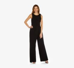 Adrianna Papell Wide-Leg Crepe Jumpsuit With Self-Bows In Black