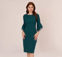 Adrianna Papell Knit Crepe Sheath Dress With Tiered Three Quarter Sleeves In Hunter