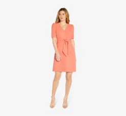 Adrianna Papell Crepe Tie-Front A-Line Short Wrap Dress In Peach Blossom -Allure Attire AP1D104632 AC956 Regular Alternate
