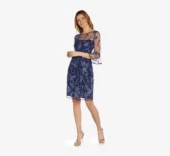 Adrianna Papell Floral Embroidered Sheath Dress With Scalloped Detail In Midnight Multi -Allure Attire AP1D104637 AE489 Regular Alternate