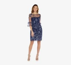 Adrianna Papell Floral Embroidered Sheath Dress With Scalloped Detail In Midnight Multi -Allure Attire AP1D104637 AE489 Regular Side
