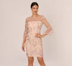 Adrianna Papell Floral Embroidered Sheath Dress With Scalloped Detail In Champagne Multi