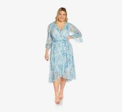 Adrianna Papell Plus Size Floral-Printed Chiffon Short Dress In Blue Multi -Allure Attire AP1D104650 AA461 Plus Alternate