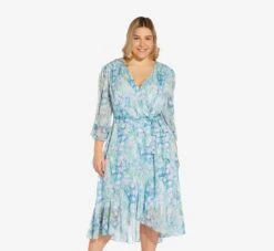 Adrianna Papell Plus Size Floral-Printed Chiffon Short Dress In Blue Multi