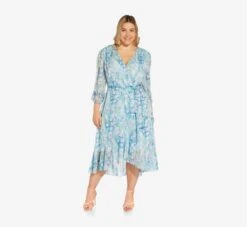 Adrianna Papell Plus Size Floral-Printed Chiffon Short Dress In Blue Multi -Allure Attire AP1D104650 AA461 Plus Side