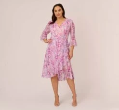 Adrianna Papell Plus Size Floral-Printed Chiffon Short Dress In Pink Multi
