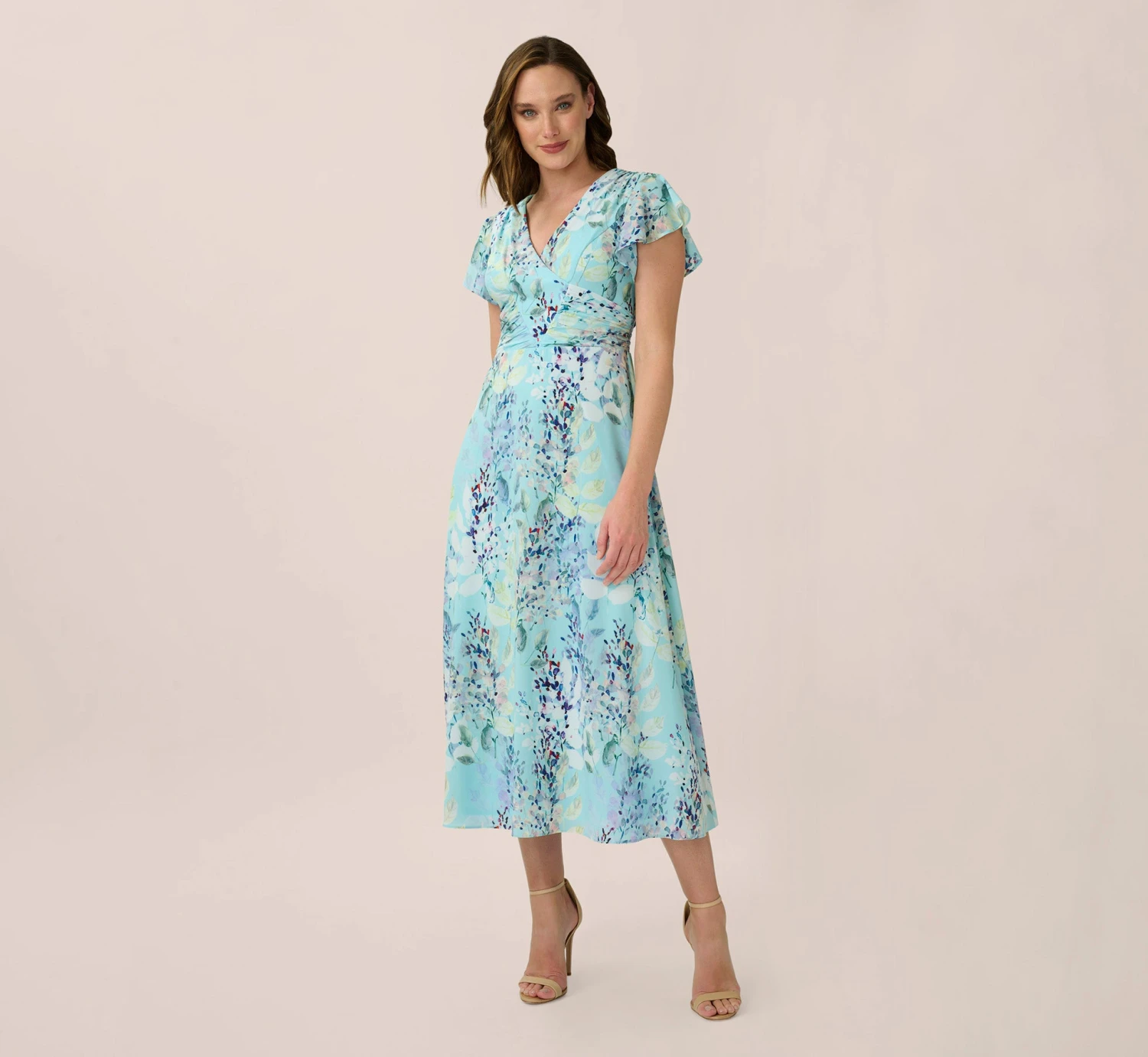 Adrianna Papell Floral-Print Fit-And-Flare Midi-Length Chiffon Dress In Light Blue Multi 1 Adrianna Papell Floral-Print Fit-And-Flare Midi-Length Chiffon Dress In Light Blue Multi
