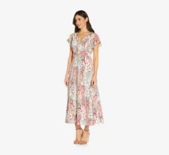 Adrianna Papell Floral-Print Fit-And-Flare Midi-Length Chiffon Dress In Aqua Multi -Allure Attire AP1D104656 BZ980 Regular Alternate