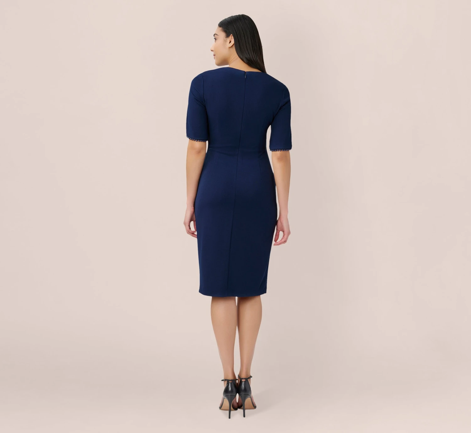 Adrianna Papell Pearl Embellished Knit Crepe Sheath Dress In Navy Sateen 5 Adrianna Papell Pearl Embellished Knit Crepe Sheath Dress In Navy Sateen - Image 5
