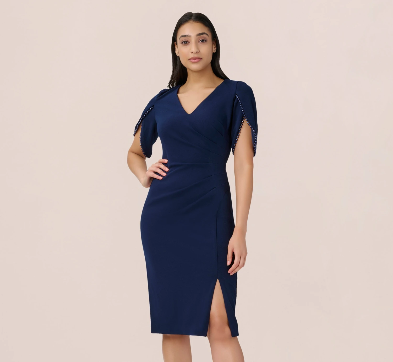 Adrianna Papell Pearl Embellished Knit Crepe Sheath Dress In Navy Sateen 1 Adrianna Papell Pearl Embellished Knit Crepe Sheath Dress In Navy Sateen