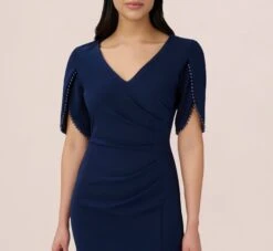 Adrianna Papell Pearl Embellished Knit Crepe Sheath Dress In Navy Sateen 9 Adrianna Papell Pearl Embellished Knit Crepe Sheath Dress In Navy Sateen -Allure Attire AP1D104679 AK412 Regular Detail