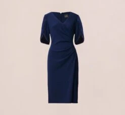 Adrianna Papell Pearl Embellished Knit Crepe Sheath Dress In Navy Sateen 13 Adrianna Papell Pearl Embellished Knit Crepe Sheath Dress In Navy Sateen -Allure Attire AP1D104679 AK412 Regular Flat
