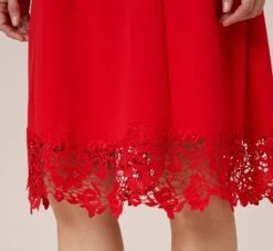 Adrianna Papell Stretch Knit Crepe Midi-Length Fit-And-Flare Dress With Lace Trim In Cherry Bliss -Allure Attire AP1D104683 AJ612 Regular Detail