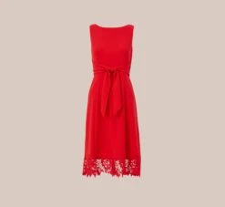 Adrianna Papell Stretch Knit Crepe Midi-Length Fit-And-Flare Dress With Lace Trim In Cherry Bliss -Allure Attire AP1D104683 AJ612 Regular Flat