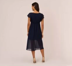 Adrianna Papell Chiffon And Jersey Midi-Length Dress With Side Slits In Navy -Allure Attire AP1D104705 AA412 Regular Back