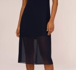 Adrianna Papell Chiffon And Jersey Midi-Length Dress With Side Slits In Navy -Allure Attire AP1D104705 AA412 Regular Lifestyle