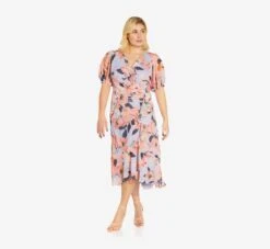 Adrianna Papell Plus Size Floral-Printed Clip Dot Chiffon Midi-Length Cocktail Dress In Opal Coral Multi -Allure Attire AP1D104709 AG498 Plus Alternate