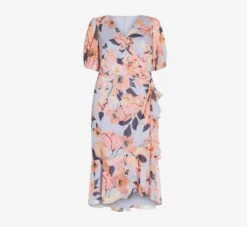 Adrianna Papell Plus Size Floral-Printed Clip Dot Chiffon Midi-Length Cocktail Dress In Opal Coral Multi -Allure Attire AP1D104709 AG498 Plus Flat