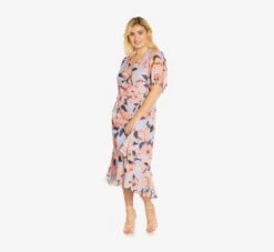 Adrianna Papell Plus Size Floral-Printed Clip Dot Chiffon Midi-Length Cocktail Dress In Opal Coral Multi -Allure Attire AP1D104709 AG498 Plus Side