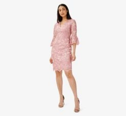 Adrianna Papell Floral Embroidered Short Sheath Cocktail Dress In Rose 6 Adrianna Papell Floral Embroidered Short Sheath Cocktail Dress In Rose -Allure Attire AP1D104711 AF694 Regular Side