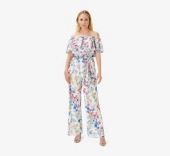 Adrianna Papell Floral-Print Off-The-Shoulder Chiffon Jumpsuit In Ivory Coral Multi
