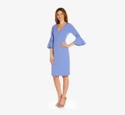 Adrianna Papell Lace-Trim Crepe Short Sheath Dress With Bell Sleeves In Misty Peri -Allure Attire AP1D104716 AD494 Regular Side