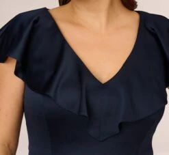 Adrianna Papell Plus Size Satin Crepe Ruffled Cropped Jumpsuit In Dark Navy -Allure Attire AP1D104719 AV410 Plus Detail