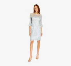 Adrianna Papell Embroidered Illusion Short Sheath Dress With Bell Sleeves In Opal -Allure Attire AP1D104722 AI498 Regular Alternate