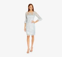 Adrianna Papell Embroidered Illusion Short Sheath Dress With Bell Sleeves In Opal -Allure Attire AP1D104722 AI498 Regular Side