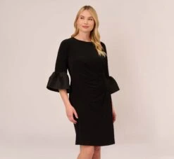 Adrianna Papell Plus Size Draped Jersey Short Sheath Dress With Bell Cuffs In Black