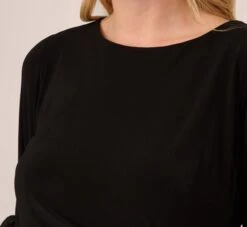 Adrianna Papell Plus Size Draped Jersey Short Sheath Dress With Bell Cuffs In Black -Allure Attire AP1D104729 AA002 Plus Detail