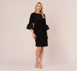 Adrianna Papell Plus Size Draped Jersey Short Sheath Dress With Bell Cuffs In Black -Allure Attire AP1D104729 AA002 Plus Front