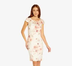 Adrianna Papell Floral-Print Jacquard Short Sheath Dress In Ivory Soft Coral