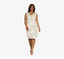Adrianna Papell Plus Size Floral-Print Twill/Chiffon Ruffled Short Sheath Dress In Alabaster Multi -Allure Attire AP1D104738 AH105 Plus Alternate