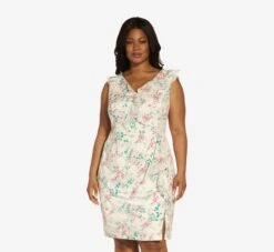 Adrianna Papell Plus Size Floral-Print Twill/Chiffon Ruffled Short Sheath Dress In Alabaster Multi