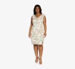 Adrianna Papell Plus Size Floral-Print Twill/Chiffon Ruffled Short Sheath Dress In Alabaster Multi -Allure Attire AP1D104738 AH105 Plus Side